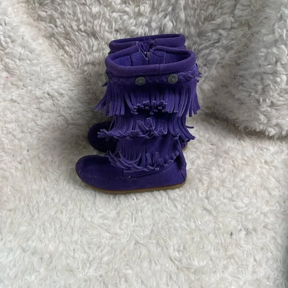 Minnetonka little girl leather suede purple fringe layers knee high boots SZ9